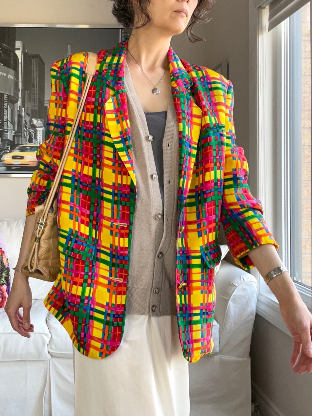 Vintage 100%silk plaid blazer